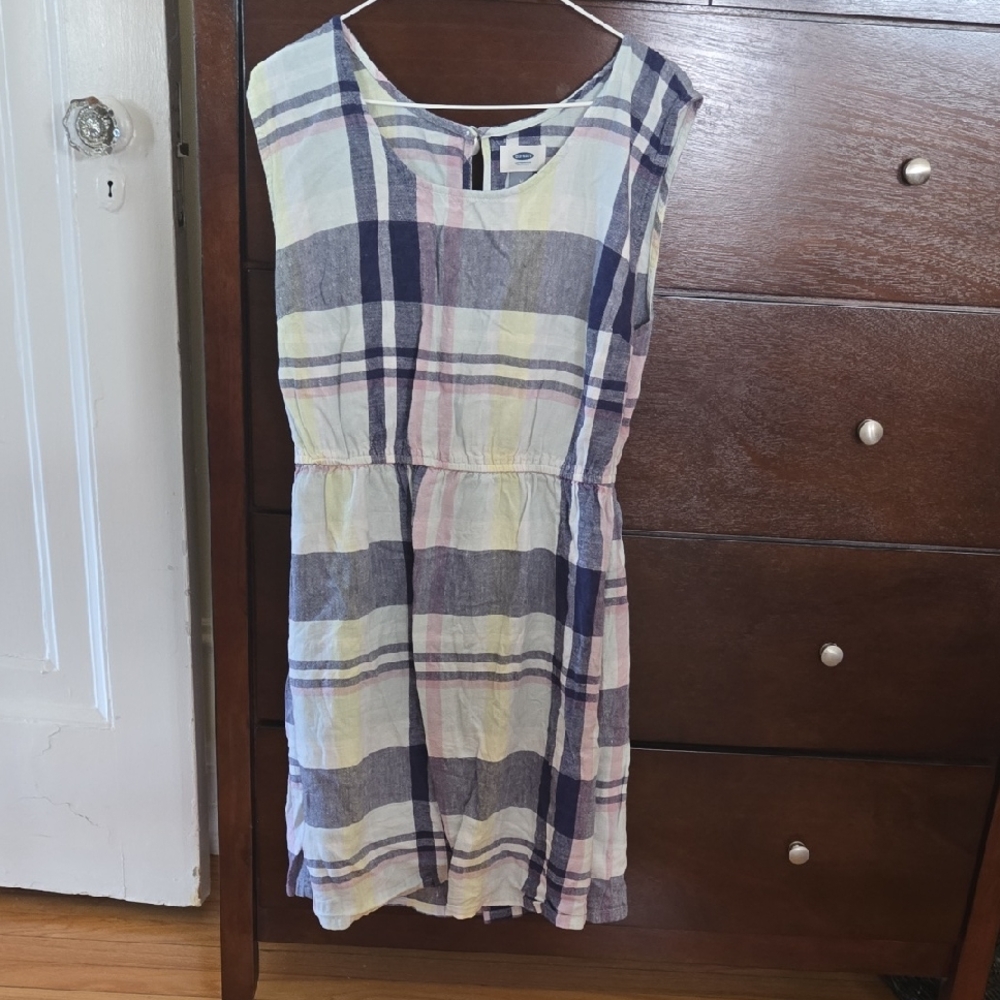 Old Navy Womens Plaid Summer Dress, Whiye, Yellow, Blues and Pink Stripes, SizeM